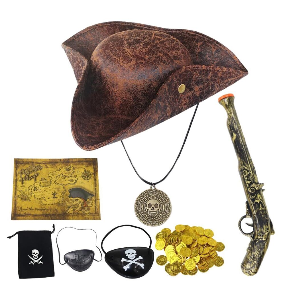 2265 Brown Renaissance Pirate Hat - 7 PCS Pirate Costume Accessories,Pirate